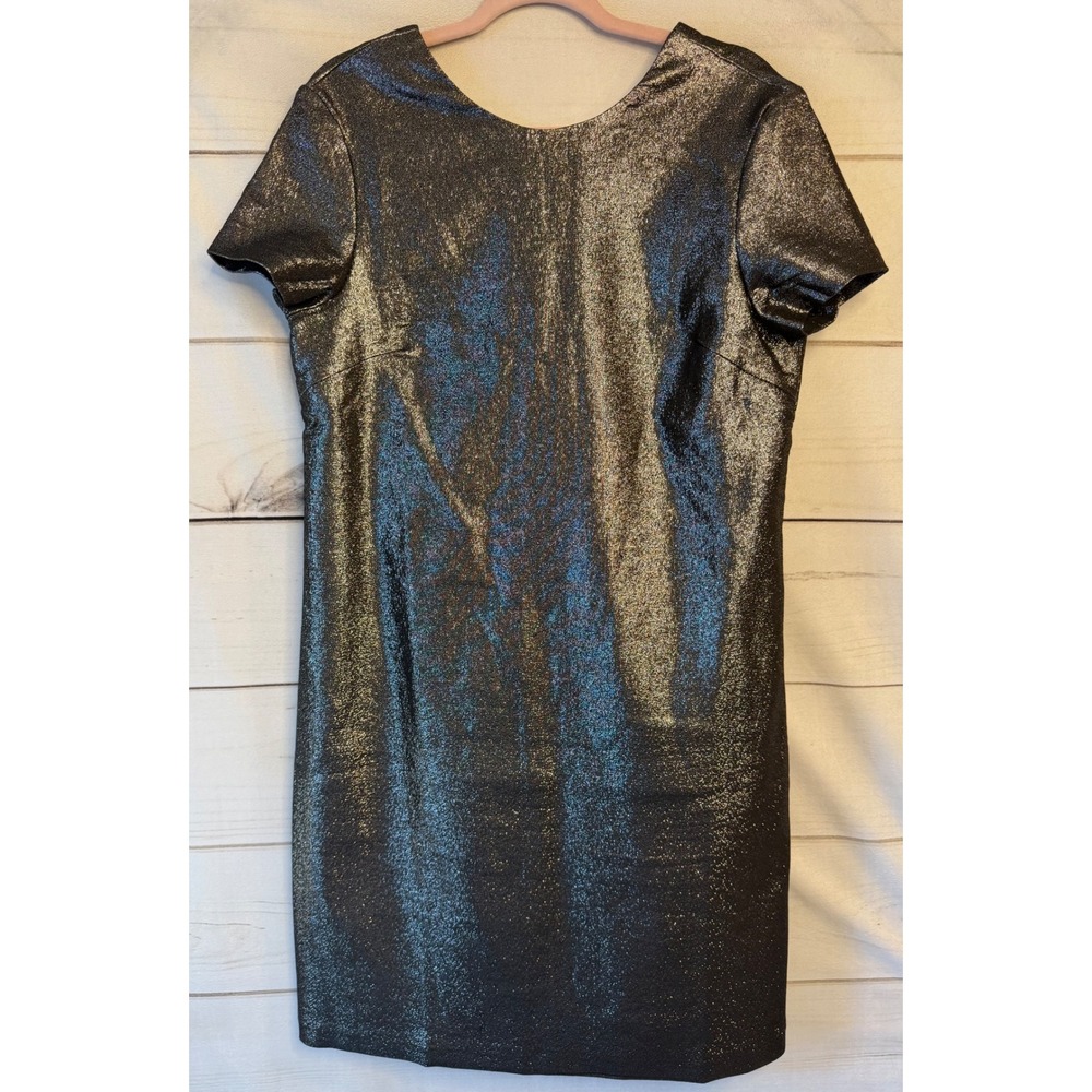 J.McLaughlin Womens Metallic Gold Black Shift Dress Short Sleeve V-Back Large